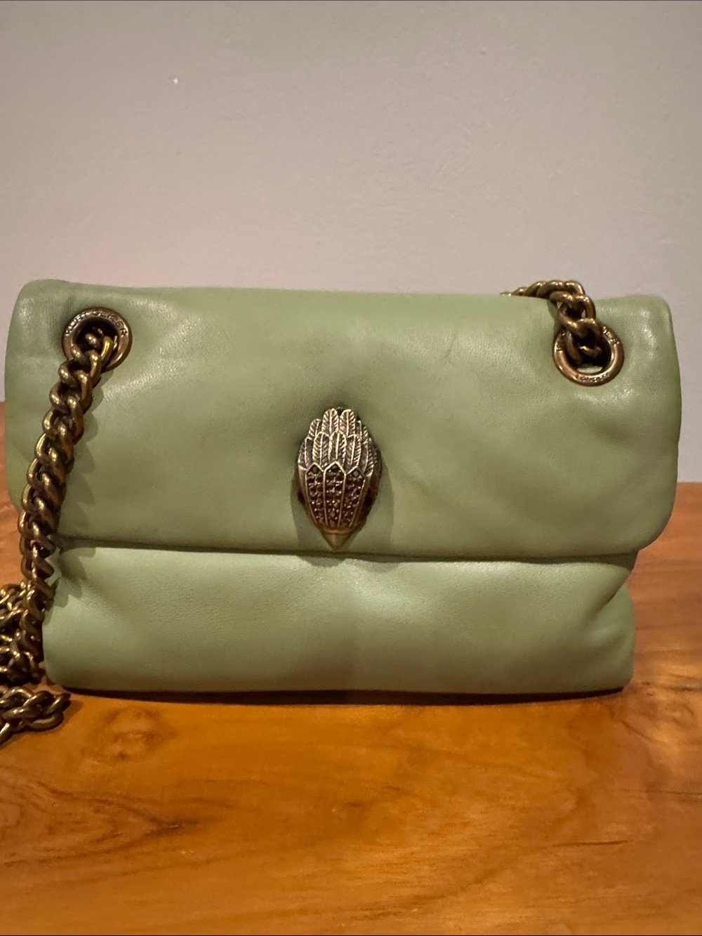 Kurt Geiger Mini THE KEW Mint Green Leather Shoulder Bag with Gold Chain